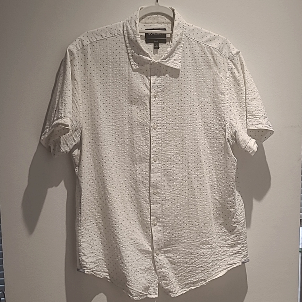 Bonobos Riviera Short Sleeve White & Blue Polka Dot Seersucker Shirt